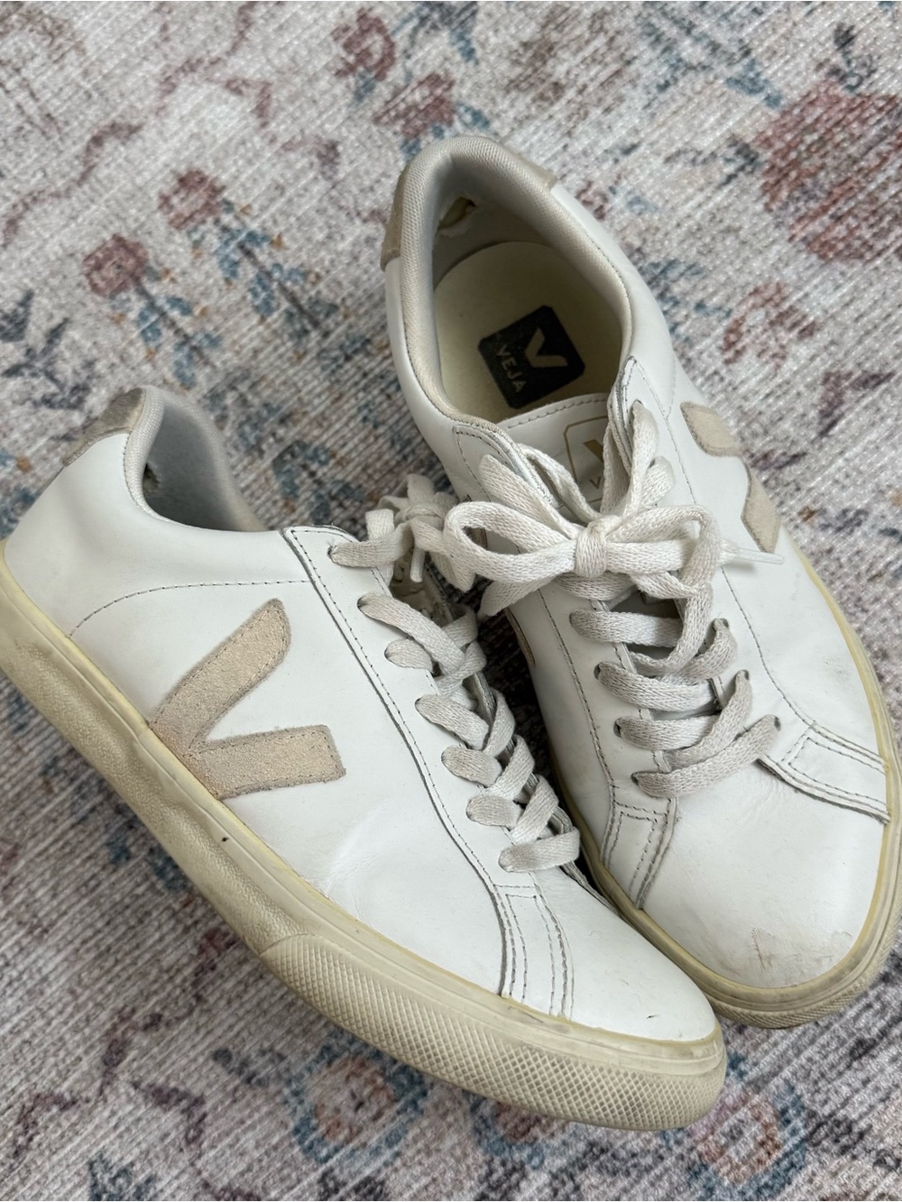 Veja Campo Leather Sneakers in White with Beige V Logo